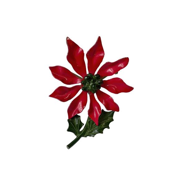 1960s Red Green Yellow Enamel Poinsettia Holiday Christmas Flower Pin Brooch - Picture 3 of 3